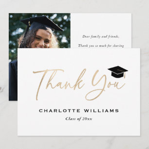 Photo Black and Gold Foil Graduation Cap Modern Thank You Card