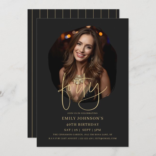 Photo Black and Gold Script 40th Birthday Invitation (Front/Back)