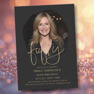 Photo Black and Gold Script 50th Birthday Invitation