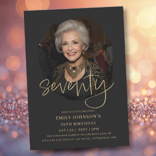 Photo Black and Gold Script 70th Birthday Invitation