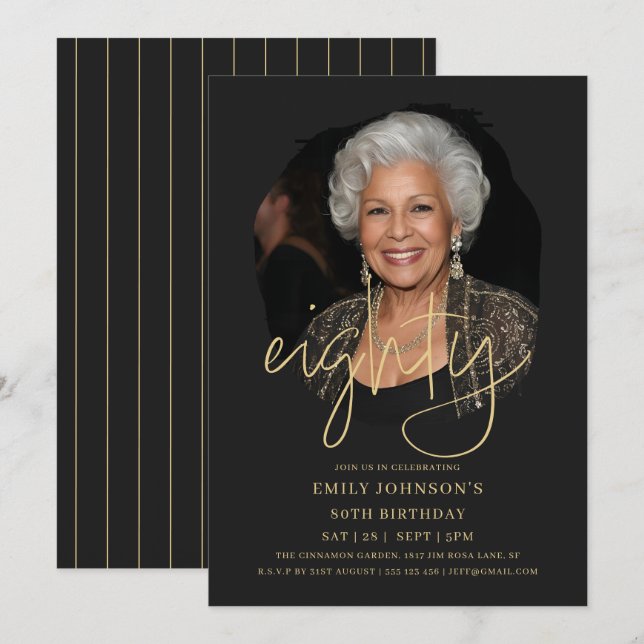 Photo Black and Gold Script 80th Birthday Invitation (Front/Back)