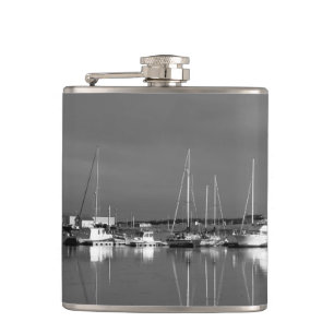 photo black and white, boats hip flask