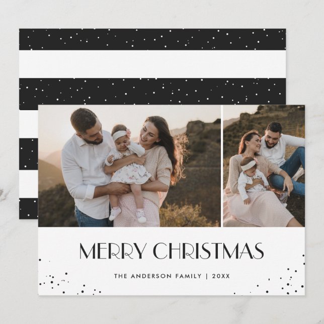 Photo Black and White Snow Merry Christmas Holiday Card (Front/Back)