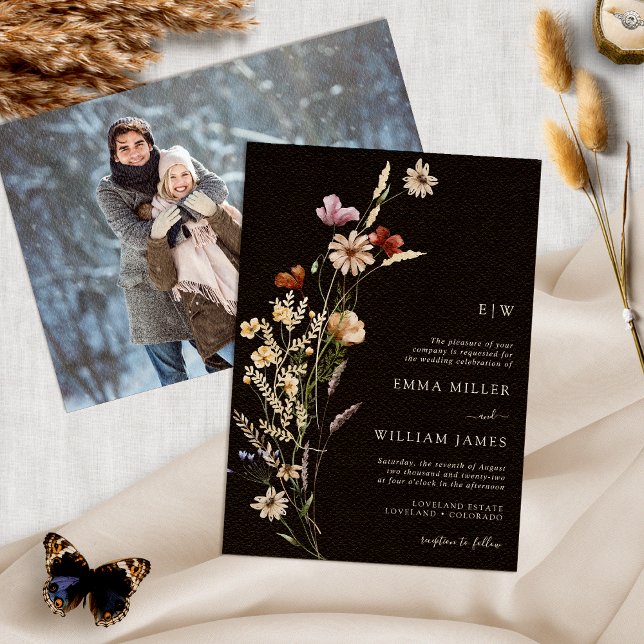 Photo Black Boho Wedding Invitation (Photo Black Boho Watercolor Wildflower Wedding Invitation by Painted Paperie
)