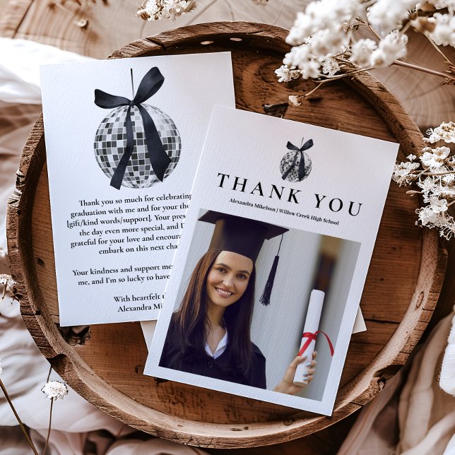 Photo Black Bow  Disco Ball Graduation Party  Thank You Card (Creator Uploaded)