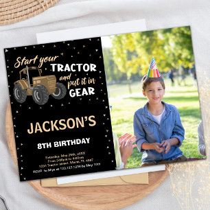 Photo Black Brown Tractor Birthday Invitations