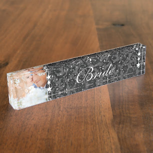 Photo Black Damask Bride Love Bird Wedding Nameplate