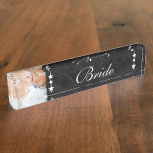 Photo Black Damask Bride Love Bird Wedding Nameplate
