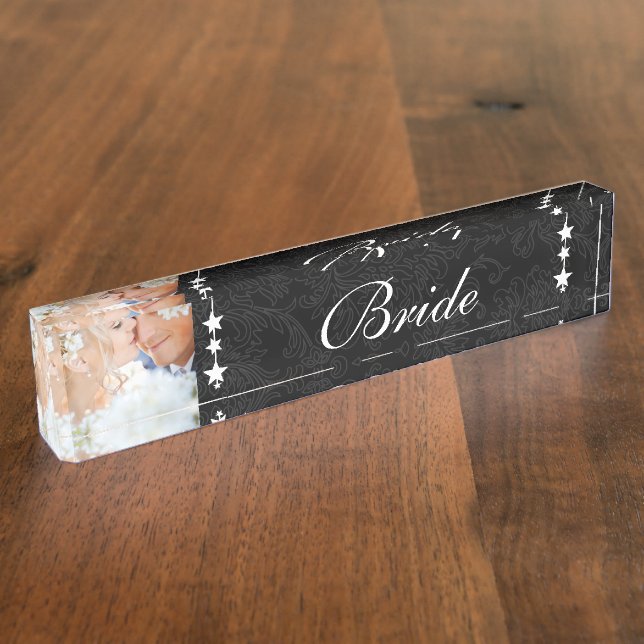 Photo Black Damask Bride Love Bird Wedding Nameplate (Side)