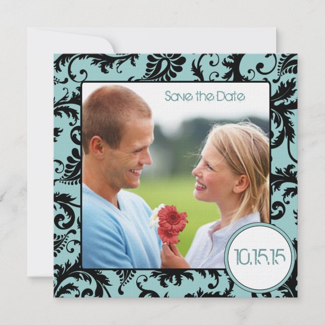 Photo Black Damask on Aqua Wedding Save the Date Invitation (Front)