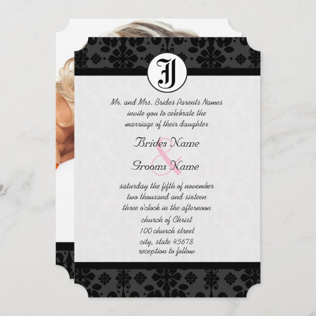 Photo Black Damask Wedding Invites (Front/Back)