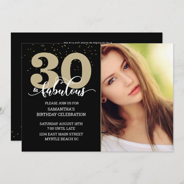 Photo Black Gold 30 and Fabulous Birthday Party    Invitation (Front/Back)