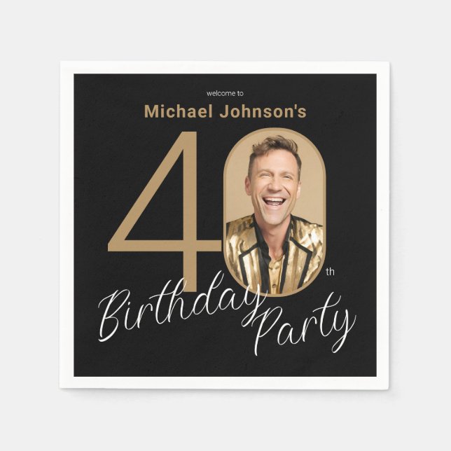 Photo Black Gold 40th Birthday  Napkin (Front)