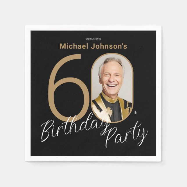 Photo Black Gold 60th Birthday  Napkin (Front)