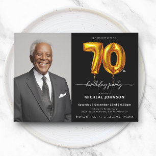 Photo Black Gold 70th Birthday Invitation