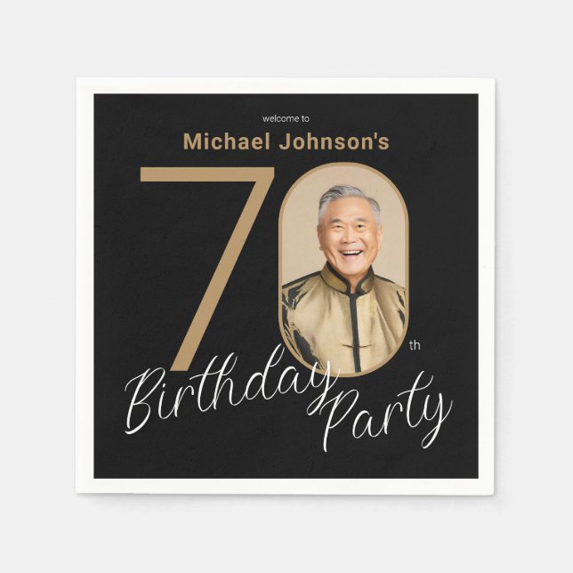Photo Black Gold 70th Birthday  Napkin (Front)
