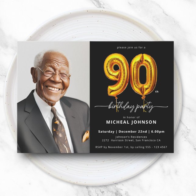 Photo Black Gold 90th Birthday Invitation (Photo Black Gold 90th Birthday Invitation)