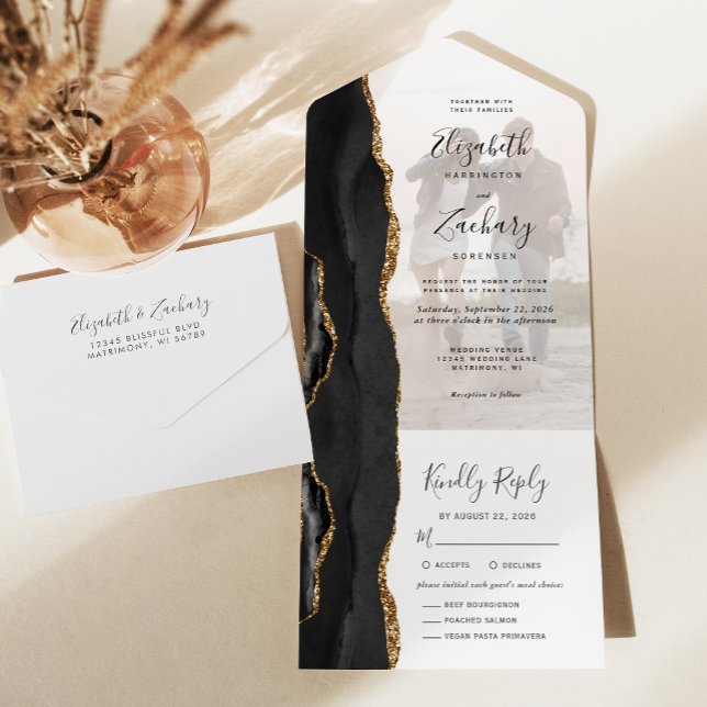 Photo Black Gold Agate Meal Choice Wedding All In One Invitation (Creator Uploaded)
