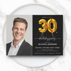 Photo Black Gold Balloon 30th Birthday Invitation