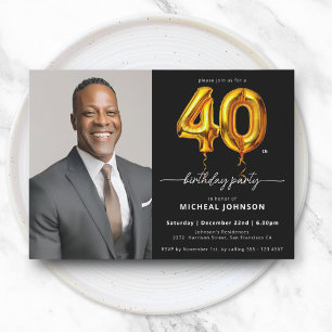 Photo Black Gold Balloon 40th Birthday Invitation