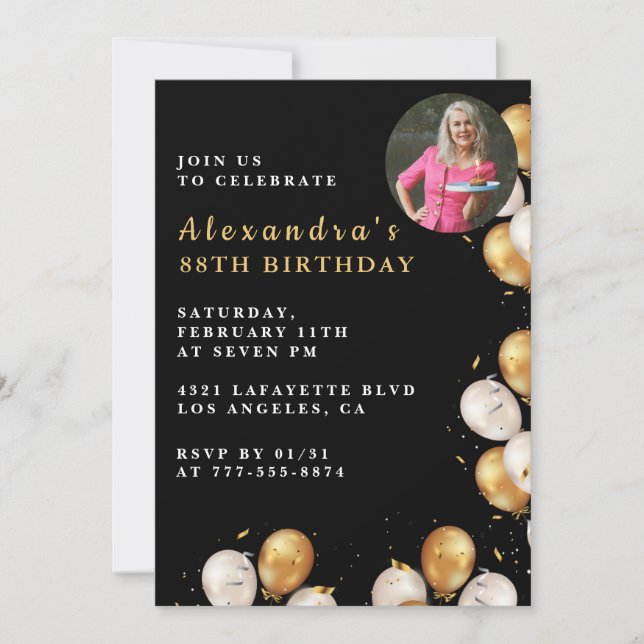 Photo Black Gold Balloon 88th birthday Invitation (Front)