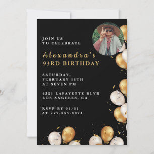 Photo Black Gold Balloon 93rd birthday Invitation