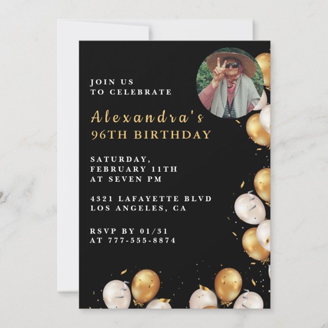 Photo Black Gold Balloon 96th birthday Invitation (Front)