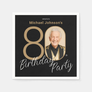 Photo Black Gold Elegant Custom 80th Birthday  Napkin