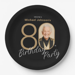 Photo Black Gold Elegant Custom 80th Birthday  Paper Plate