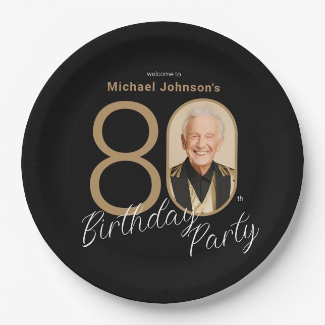 Photo Black Gold Elegant Custom 80th Birthday  Paper Plate (Front)