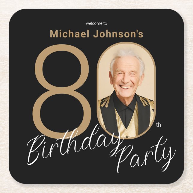 Photo Black Gold Elegant Custom 80th Birthday  Square Paper Coaster (Front)