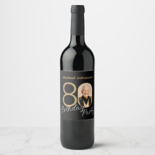 Photo Black Gold Elegant Custom 80th Birthday Wine Label