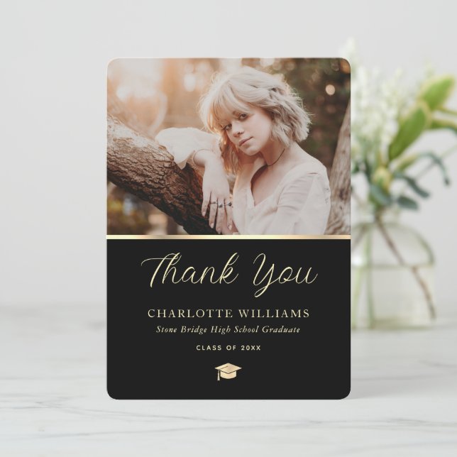 Photo Black Gold Elegant Modern Graduation Thank You Card (Standing Front)