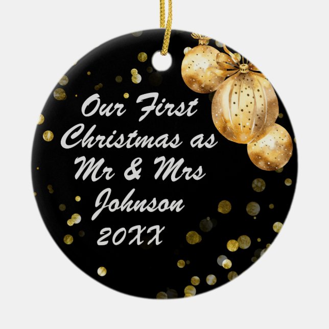 Photo Black Gold First Christmas Mr Mrs Ceramic Tree Decoration (Front)