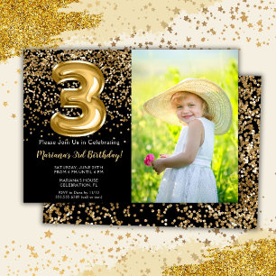 Photo Black Gold Girl 3rd Birthday Invitation