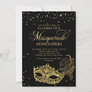 Photo Black Gold Glitter Masquerade Quinceañera Invitation