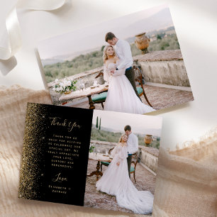 Photo Black Gold Glitter Script Wedding Thank You Card