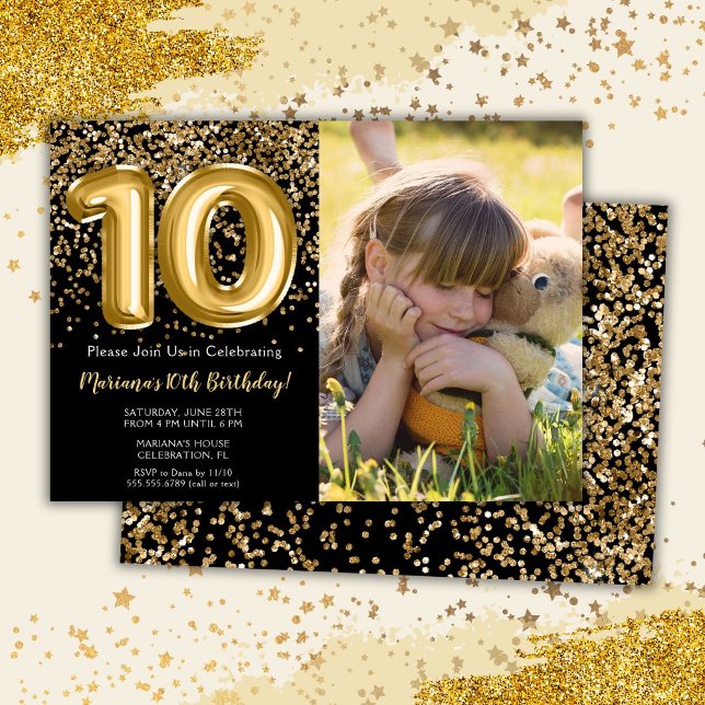 Photo Black Gold Kids Girl 10th Birthday Party Invitation (Creator Uploaded)