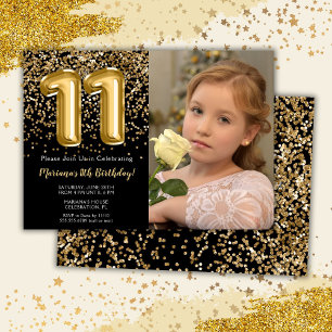Photo Black Gold Kids Girl 11th Birthday Party Invitation