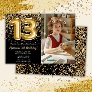 Photo Black Gold Kids Girl 13th Birthday Party Invitation