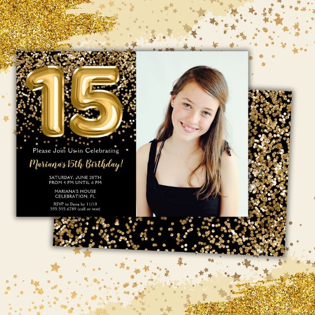 Photo Black Gold Kids Girl 15th Birthday Party Invitation (Creator Uploaded)