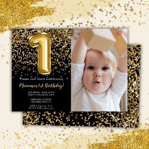 Photo Black Gold Kids Girl 1st Birthday Party Invitation