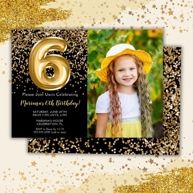 Photo Black Gold Kids Girl 6th Birthday Party Invitation (Creator Uploaded)