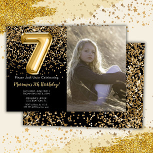 Photo Black Gold Kids Girl 7th Birthday Party Invitation