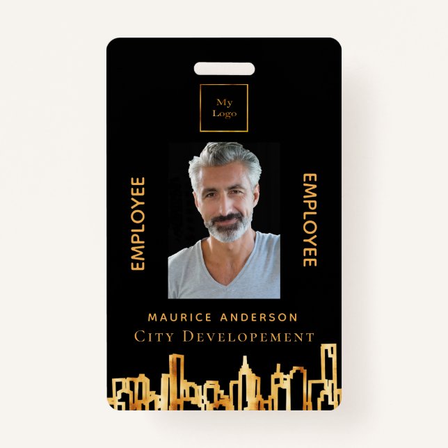 Photo black gold logo city skyline employee ID badge (Front)