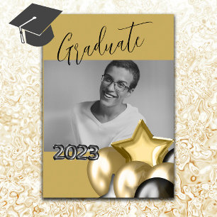 Photo Black Gold Script Calligraphy Balloon  Invitation