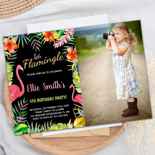 Photo Black Green Flamingo Birthday Invitations