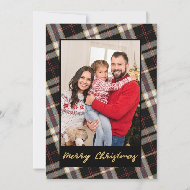 Photo Black Grey Plaid Gold Script Christmas Holiday Card (Front)