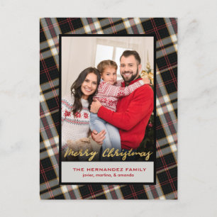 Photo Black Grey Plaid Gold Script Christmas Holiday Postcard