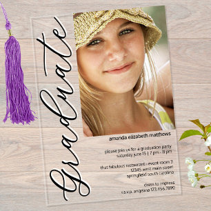 Photo Black N White Girly Script Graduation Party Acrylic Invitations